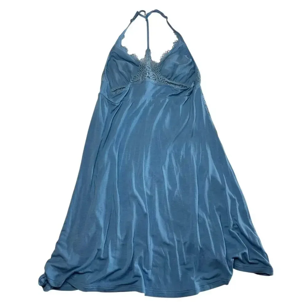 Victoria's Secret Lace Trim T-Back Baby Blue Babydoll Slip Nightgown